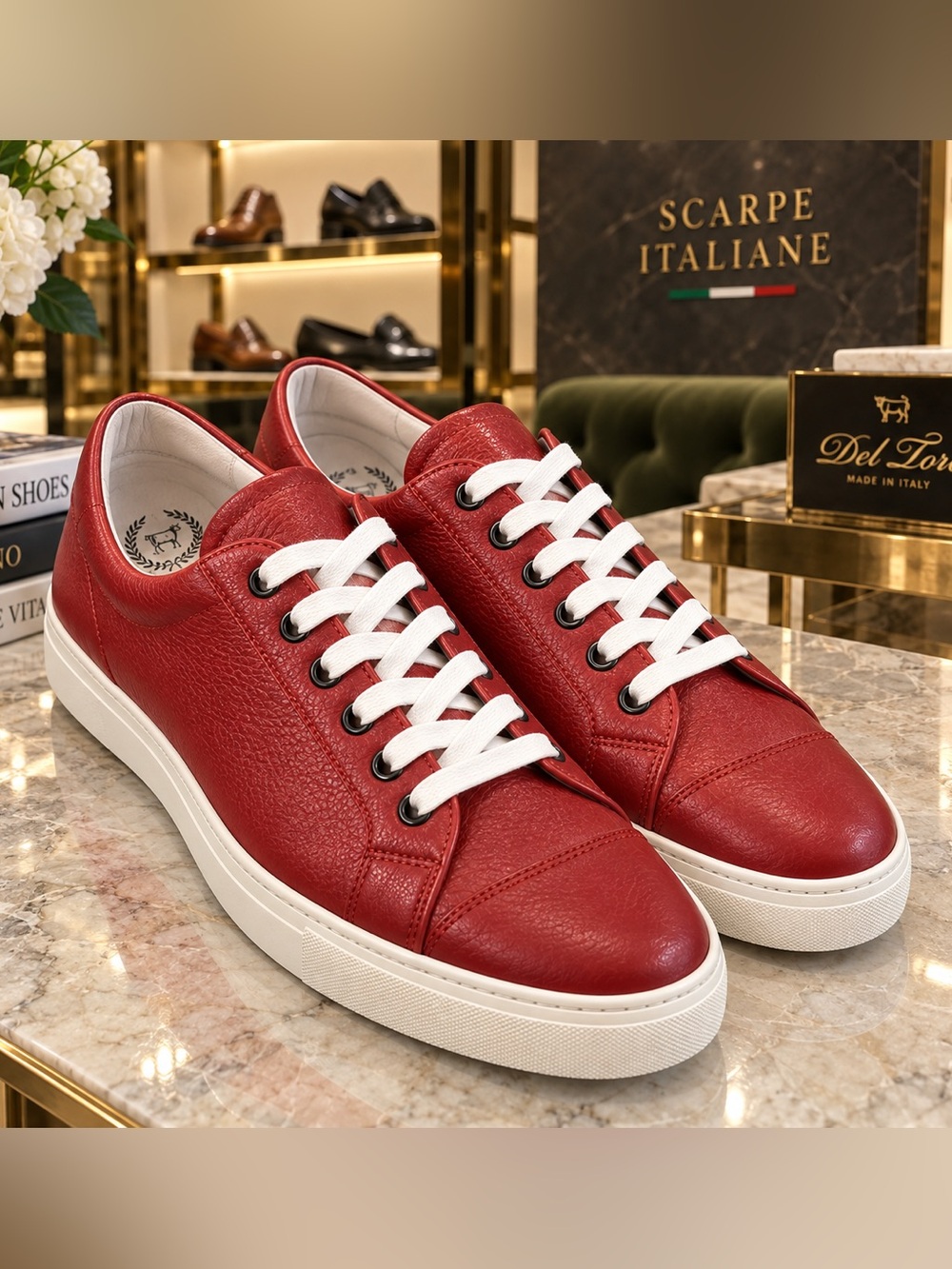 Del Toro Red Leather Low-Top Sneakers with White Soles